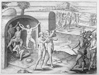 Spaniards being welcomed by an Indian king, from Girolamo Benzoni